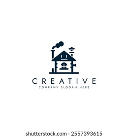 A house with a chimney and smoke coming out of it logo vector design 