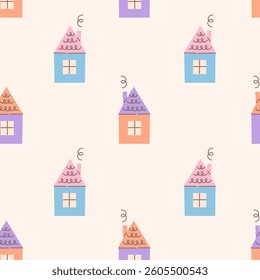 House with Chimney and Smoke Seamless Pattern. Simple Childish Home Background with small buildings and pastel colors. Repeat vector illustration