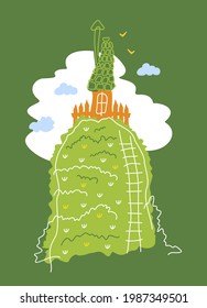 A house with a chimney, surrounded by a wooden fence, blue clouds on a green high hill with bushes and plantings. Vector illustration on a green background.