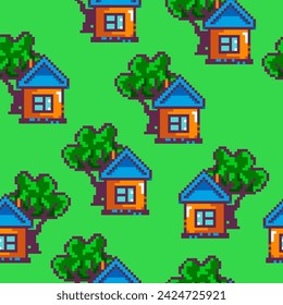 House with chimney and tree with foliage and branches, pixelated plants and building residential constructions for arcade. Wallpaper or background print, seamless pattern. Vector in flat style