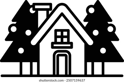 Una casa con chimenea y ventana. La casa está rodeada de árboles