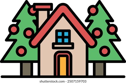 A house with a chimney and a window. The house is surrounded by trees
