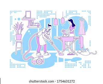 House chores flat silhouette vector illustration. Man with vacuum cleaner. Woman doing laundry. Family housework. Couple outline characters on blue background. Housekeeping simple style drawing