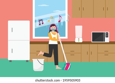 House chores vector concept: Young woman mopping the floor while listening music on the headphones