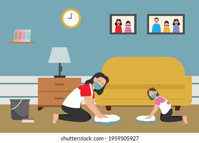 House chores vector concept: Young mother and her daughter mop the floor together while wearing face mask