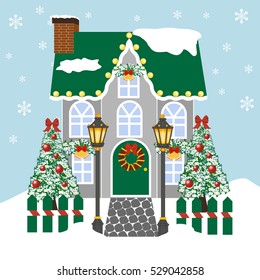 House with christmas decoration. Holiday season decoration. Vector illustration