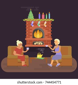 House Christmas room interior objects in flat style. xmas tree and decoration. Old female friends sitting in chair next to fireplace. Cartoon characters in flat design. Vector illustration eps10