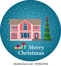 House with christmas tree and gift boxes. Vector flat illustration