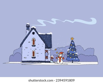 A house with a Christmas tree and a snowman next to it. Color illustration. Cartoon style. Sticker, print on a T-shirt. New Year atmosphere