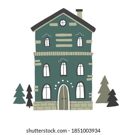 house and Christmas trees vector drawing, cartoon cute