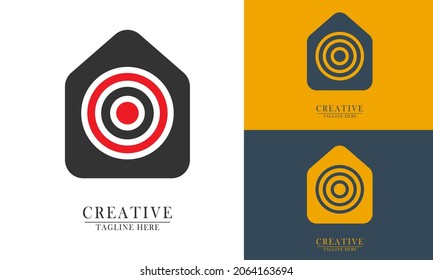 logotipo del icono de elemento de objetivo de la placa de la casa y del tablero de círculo. coincide con la dirección y el objetivo buscando un lugar para quedarse. diseño plano abstracto vectorial.