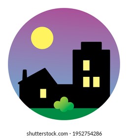 House at circle frame, nighttime, vector icon, blue background