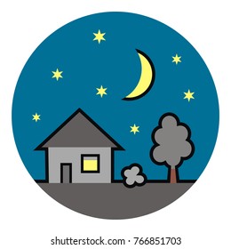House at circle frame, nighttime, vector icon