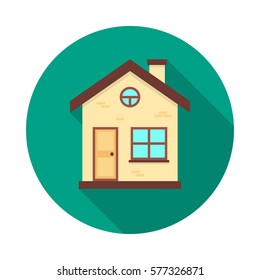 House circle icon with long shadow. Flat design style. House simple silhouette. Modern, minimalist, round icon in stylish colors. Web site page and mobile app design vector element.