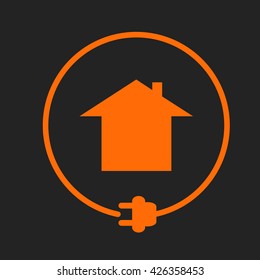 House in the circle with plug, electricity supply. Orange sign on black background