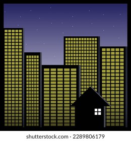House and city background vector illustration, night and yellow light. suitable for background, presentation, video, and game asset