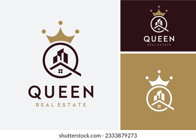 House City Building Golden King Crown with Letter Q Queen for Royal Premium Real Estate Apartment Property logo design