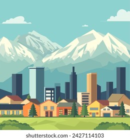 House and City Building with Mountain Landscape Flat Design