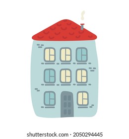 house. City cottage building. Vector illustration in flat style. Modern building for rent or sale. Cartoon Vector image of the red brick christmas houses covered with snow.