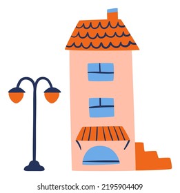 House City Element. Tiny Color Home. Park Or Street Object. Small Residential Building With Roof, Windows And Porch. Real Estate. Doodle Streetlight And Residence