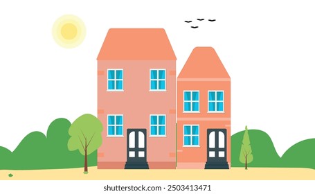 house in the city and flying birds