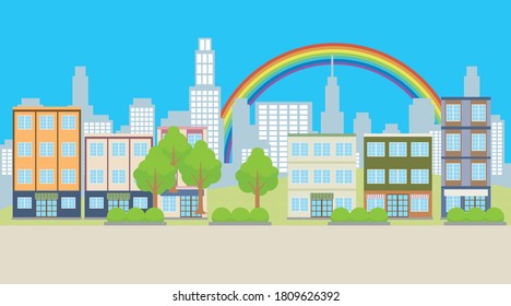 House And Cityscape Landscape Background Illustration, Blue Sky, White Clouds And Rainbow, Vector Data