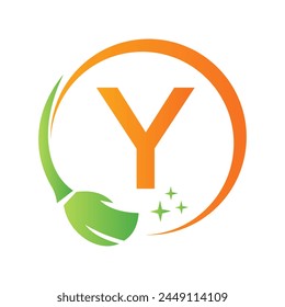 House Clean Logo On Letter Y With Clean Brush and Water Symbol. Maid Sign