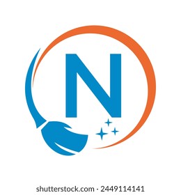 House Clean Logo On Letter N With Clean Brush and Water Symbol. Maid Sign