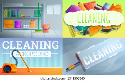 House cleaner equipment banner set. Cartoon illustration of house cleaner equipment vector banner set for web design