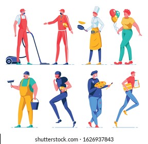 House Cleaner Vacuuming Floor, Rugby Coach with Whistle Flat Cartoon Vector Illustration. Female Chef Frying Pancakes. Clown with Balloons. Worker Cleaning Windows. Painter with Colors. Delivery Man.