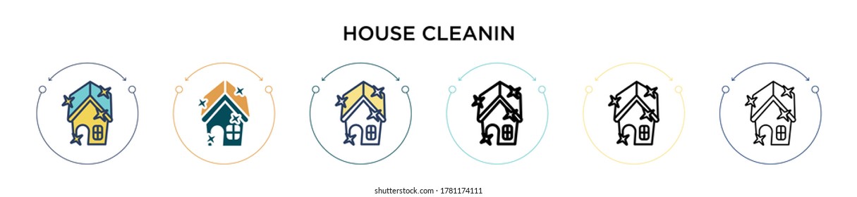 Icono de limpieza de la casa en estilo relleno, delgado, contorno y trazo. Ilustración vectorial de dos diseños de iconos vectoriales coloreados y negros se pueden usar para móviles, ui, web