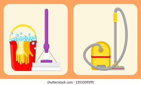 House Cleaning Appliances Vector Illustrations Set. Vacuum Cleaner Flat Clipart. Purple Floor Mop. Gloves in Red Bucket with Foam. Soap Bubbles. Household Supplies Design Elements Pack