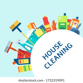 House cleaning banner - colorful housework supplies arranged around a circle with text template, household cleanup service ad - flat cartoon vector illustration