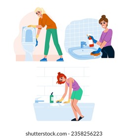 house cleaning bathroom vector. cleaner domestic, housekeeping woman, person wash house cleaning bathroom character. people flat cartoon illustration