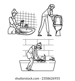 house cleaning bathroom vector. cleaner domestic, housekeeping woman, person wash house cleaning bathroom character. people black line illustration