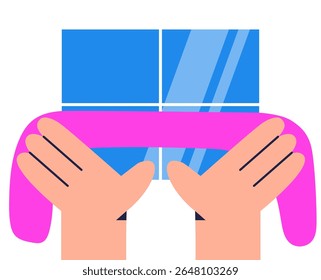 Limpieza de la casa con las manos . Lavado de ventanas por tela. Limpieza de polvo superficial. Ilustración vectorial plana.