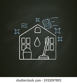 House cleaning chalk icon. Householding things. Bucket and broom inside house. Floor cleaning. Cleaning concept. Isolated vector illustration on chalkboard