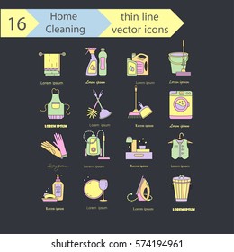 House cleaning color thin line vector logo set. Icons for cleaning companies, laundries and dry cleaners service.