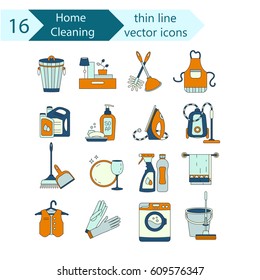 House cleaning color thin line vector icon set. For cleaning companies, laundries and dry cleaners service.