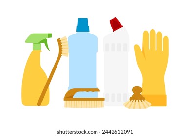 House cleaning. A composition of cleaning products - detergent, cleaning powder, spray bottle, different types of brushes, rubber glove. Housework. Minimalist illustration, flat vector