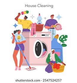 House Cleaning concept. Diverse group of people engaged in domestic chores with cleaning equipment. Teamwork in maintaining a clean home environment. Vector illustration.