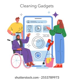 House cleaning concept. Diverse people with modern cleaning gadgets interacting with a large smartphone interface. Inclusive home cleanliness technology. Vector illustration.