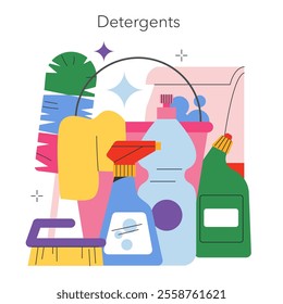 House Cleaning concept. A range of colorful detergents and cleaning tools for sparkly clean homes. Daily chore essentials in one collection. Vector illustration.