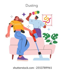 House Cleaning concept. Two people engage in dusting and vacuuming activities in a cozy living room setting. Maintaining a clean and sparkling home environment. Vector illustration.