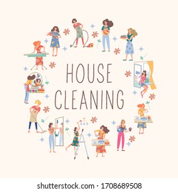 House cleaning. Cute housewife doing the housework. Vector collection.