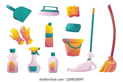 House cleaning equipment, brooms, brushes, soap,gloves and household chemicals in bottles and spray. Tools for clean, wash and sweep at home isolated on white background, vector cartoon set