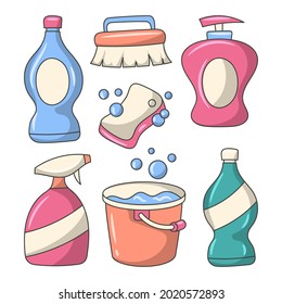 Equipo de limpieza de la casa Ilustración vectorial de color con un estilo de dibujo manual sencillo