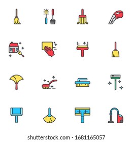 House cleaning equipment filled outline icons set, line vector symbol collection, linear colorful pictogram pack. Signs, logo illustration, Set includes icons as sweeping broom, brush, vacuum cleaner