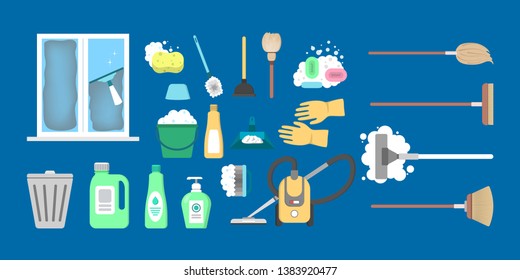 House cleaning equipment set. Collection of tools such as brush and broom, sponge and bucket. Domestic work concept. Flat vector illustration