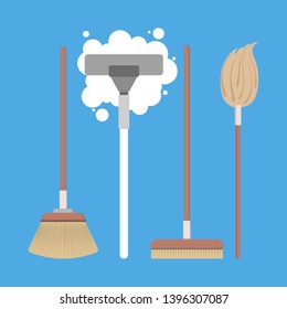 House cleaning equipment set. Collection of tools such as brush and broom. Domestic work concept. Flat vector illustration